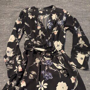 Dynamite Black Floral Medium Length Long Sleeve Dress